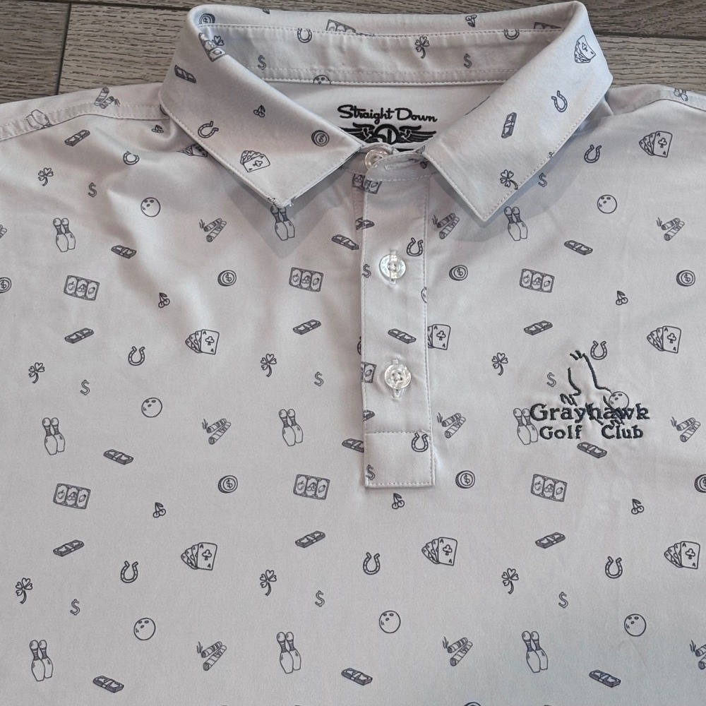 Straight Down Golf Polo Mens XL Gray Grayhawk Golf Club Novelty Gambling Print